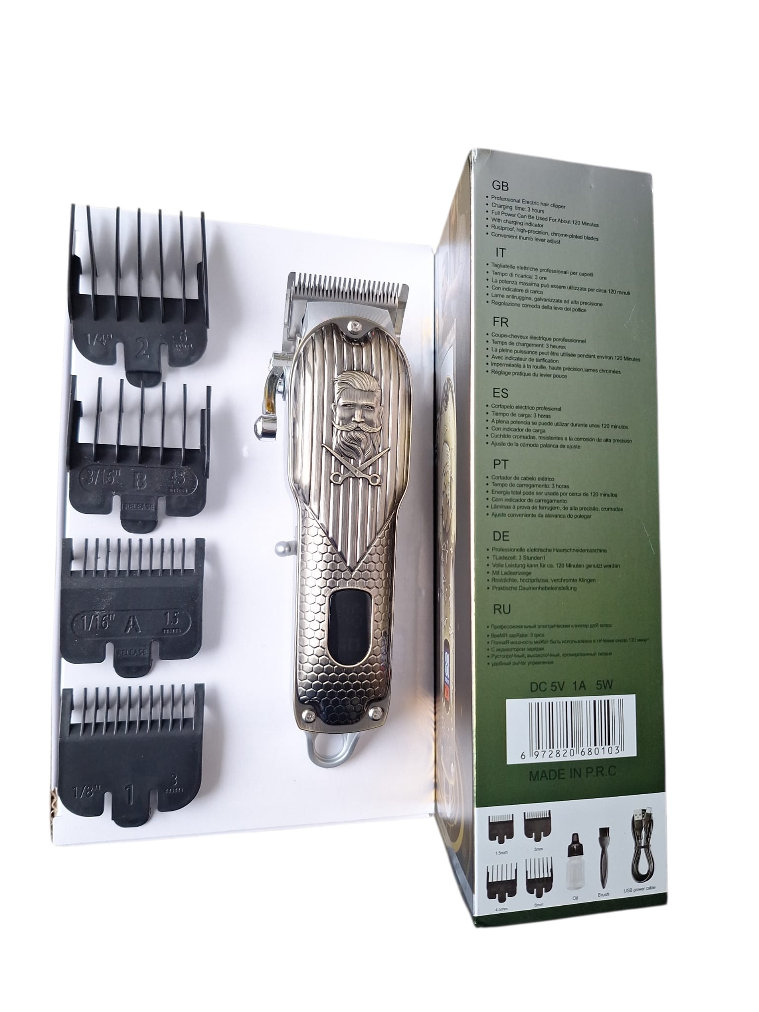 Mașină de tuns păr & barbă, carcasă metal, LED, USB – precizie profesională